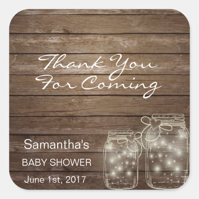 Customised Rustic Mason Jars Baby Shower Wood Square Sticker (Front)
