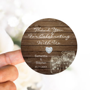 Customised Rustic Mason Jars Wood Hearts Wedding Classic Round Sticker