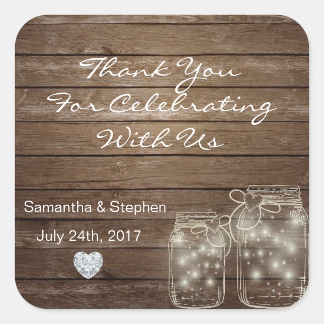 Customised Rustic Mason Jars Wood Hearts Wedding Square Sticker (Front)