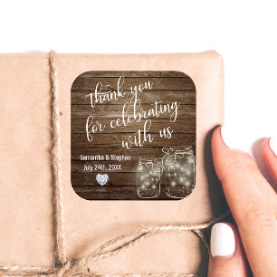 Customised Rustic Mason Jars Wood Hearts Wedding Square Sticker