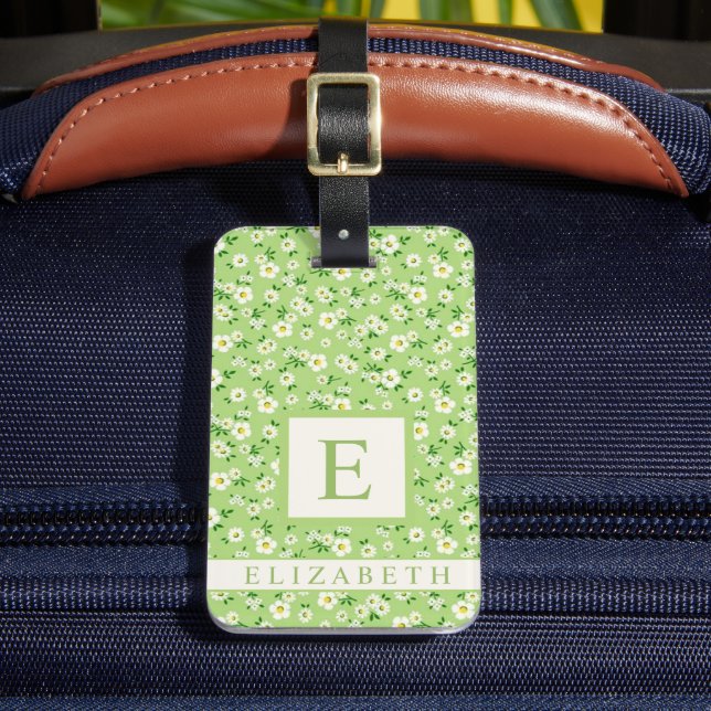 Customised Sage Green White Flowers Luggage Tag (Front Insitu 2)