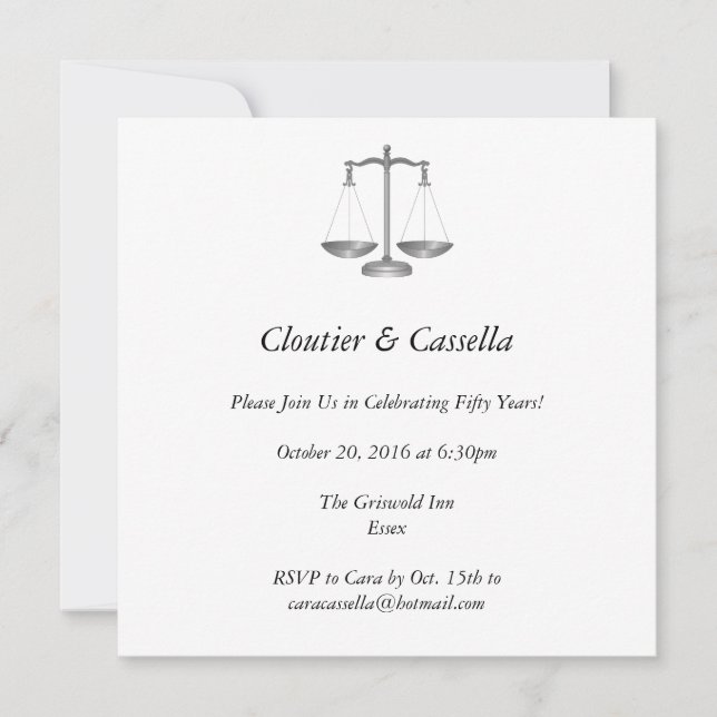 Customised Scales of Justice Invitation (Front)