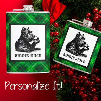 Customised Scotty Dog and Tartan Birdie Juice Hip Flask