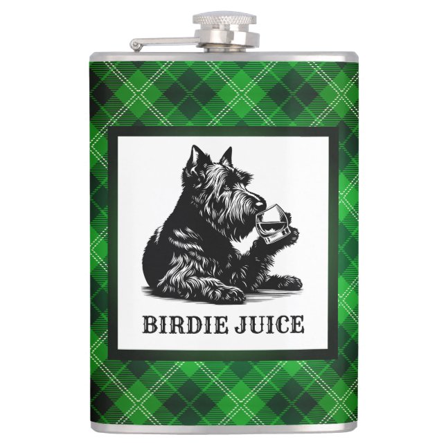 Customised Scotty Dog and Tartan Birdie Juice Hip Flask (Front)