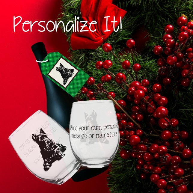 Customised Scotty Dog Holiday Wine Glass (Handsome Scottish Terrier enjoys a glass of wine. Personalize the back!)