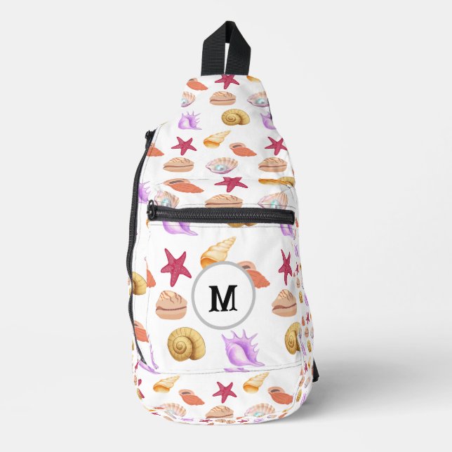 Customised Seashells Patterns in Blue Sea House Sling Bag (Front)
