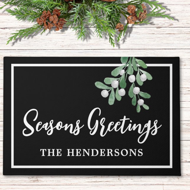 Customised Seasons Greetings Black Christmas Doormat (Creator Uploaded)