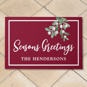 Customised Seasons Greetings Maroon Christmas Doormat