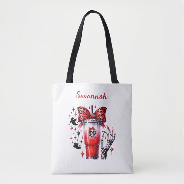 Customised Skull Drink & Bow in Red, Gift for Her Tote Bag (Front)