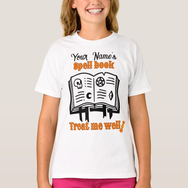 customised Spell book, treat me well  funny Hallow T-Shirt (Front)