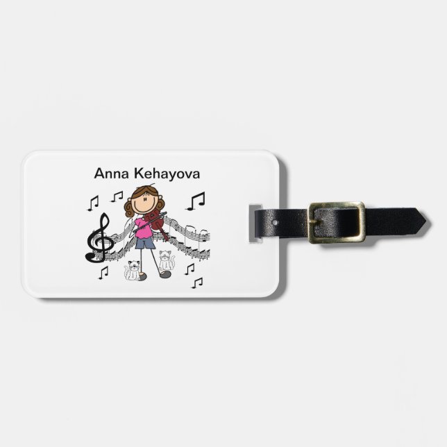 Customised Stick Figure Violin Player Luggage Tag (Front Horizontal)