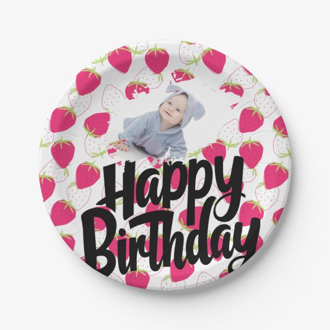 Customised Strawberry Pattern Happy Birthday  Paper Plate (Front)
