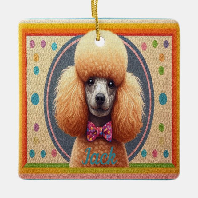 Customised Stylish Cute Poodle Dog Colourful Borde Ceramic Ornament (Front)