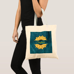 Customised Sunflower Blue burlap print Tote Bag
