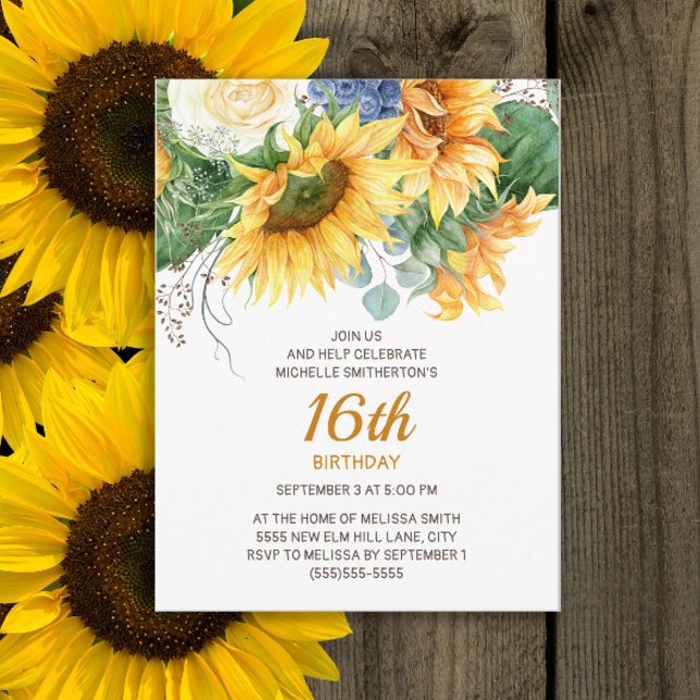 Customised Sunflowers Eucalyptus 16th Birthday Postcard (Sunflowers and eucalyptus 16th birthday party postcard invitation)