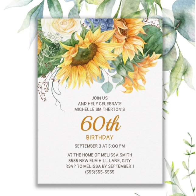 Customised Sunflowers Eucalyptus 60th Birthday Postcard (Sunflowers and eucalyptus 60th birthday invitation)