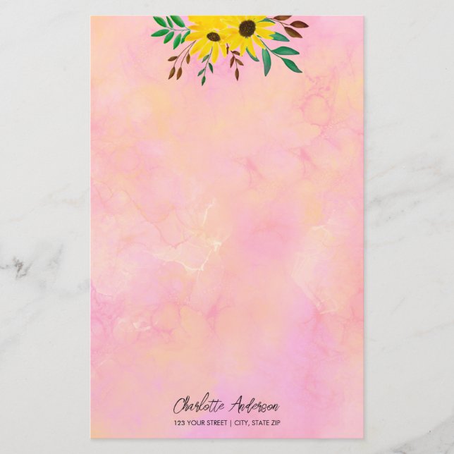 Customised Sunflowers Floral Pink Watercolor Stationery (Front)