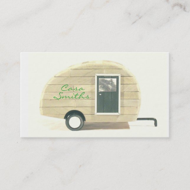 Customised teardrop Vintage camper tan Business Card (Front)
