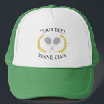 Customised Tennis Club Rackets Ball Logo Wreath    Trucker Hat<br><div class="desc">Minimalist tennis club logo,  with two white tennis rackets,  racquets,  and a grey tennis ball. Featuring your tennis club,  just change the text as you wish and add your tennis club name. Elegant preppy tennis club gift,  tennis coach gift,  tennis player gift,  tennis team gift.</div>