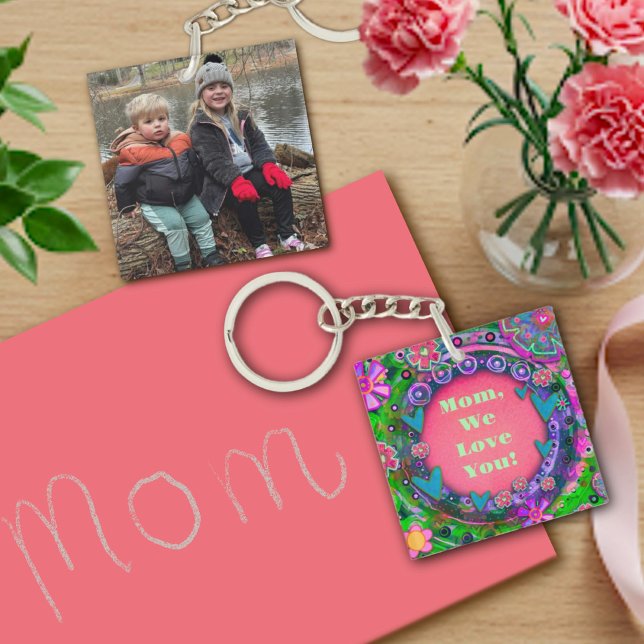 Customised Text Photo Pretty Pink Floral Mum Key Ring (Creator Uploaded)
