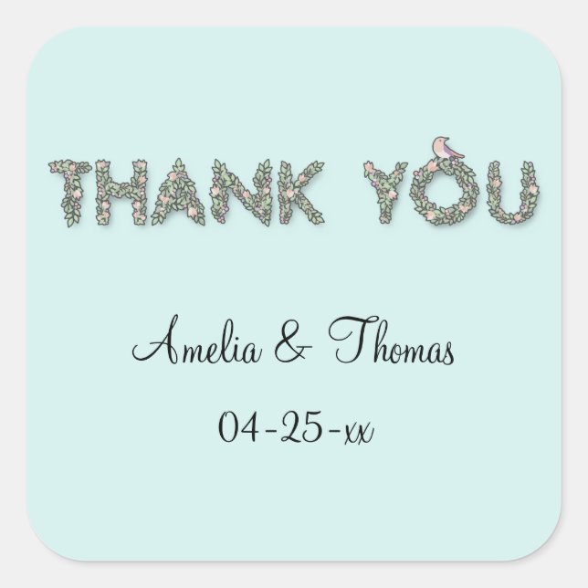 Customised Thank You Floral Text Square Sticker (Front)