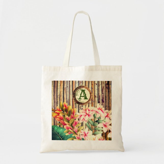 Customised Tropical Bamboo & Flowers Monogram  Tote Bag (Front)