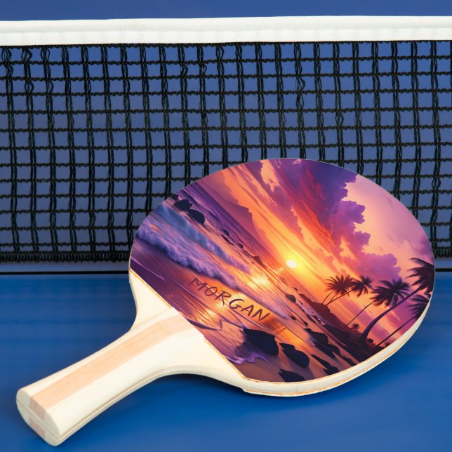 Customised Tropical Sunset Beach – Dreamy Coastal Ping Pong Paddle (Insitu)