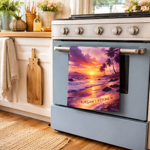 Customised Tropical Sunset Beach – Dreamy Coastal Tea Towel