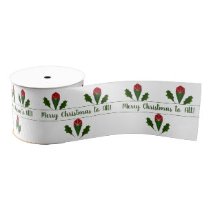 Customised Vibrant Red Roses Art & Holly Holiday Grosgrain Ribbon