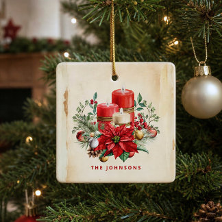 Customised Vintage Watercolor Candles & Poinsettia Ceramic Ornament