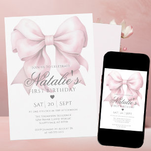 Customised Watercolor Dusty Pink Bow 1st Birthday  Invitation