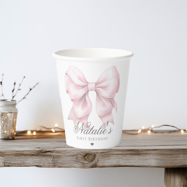 Customised Watercolor Dusty Pink Bow 1st Birthday  Paper Cups (Creator Uploaded)
