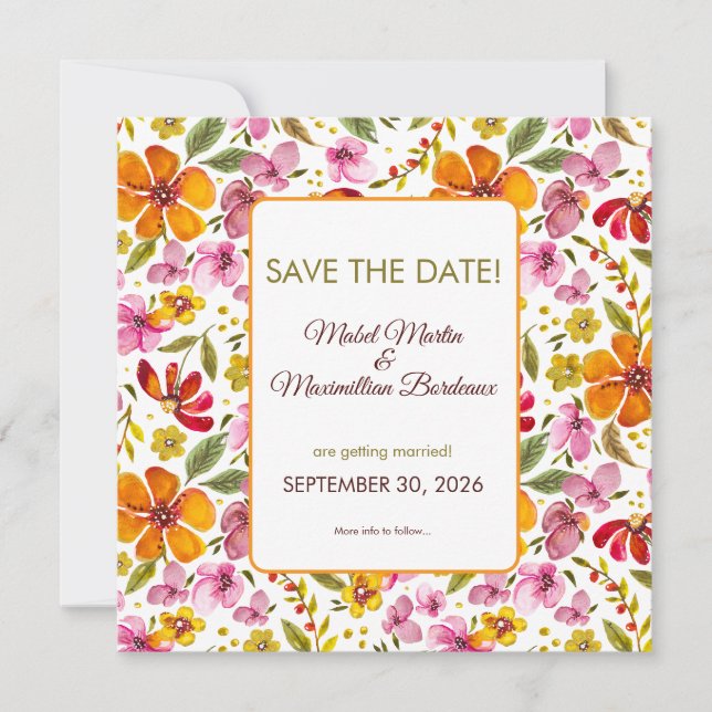 Customised Watercolor Floral Wedding Save the  Date (Front)