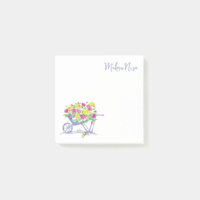 Customised Watercolor Roses | Rustic WheelBarrow Post-it Notes (Front)