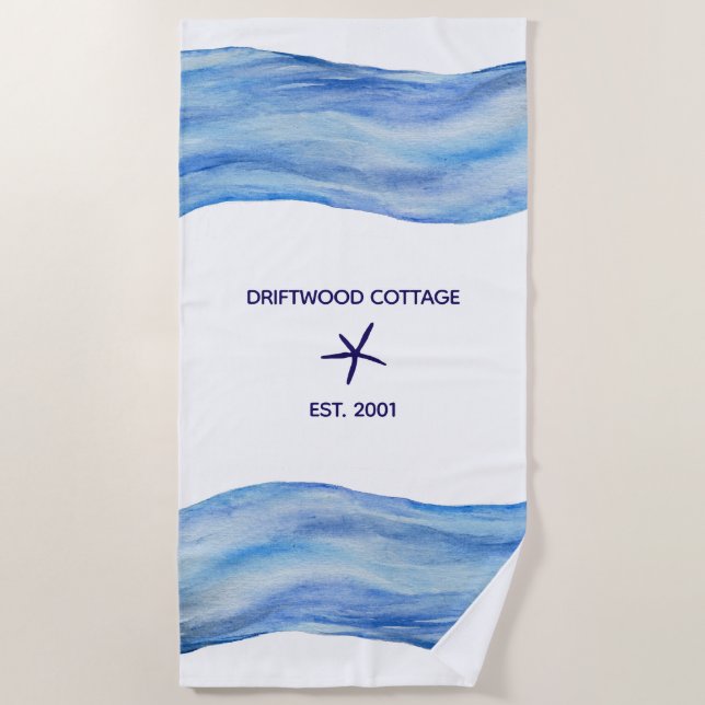 Customised Watercolor Wave Beach House Towel (Front)