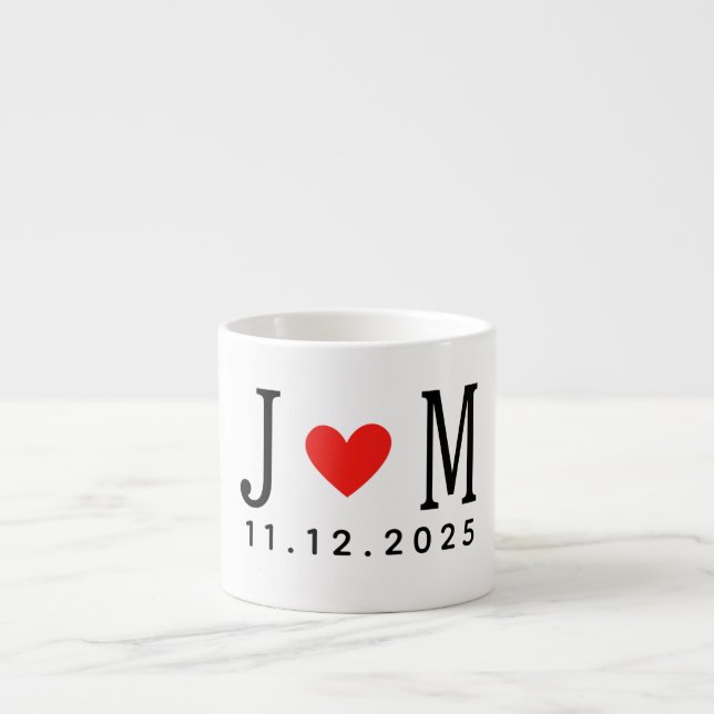 Customised wedding Couple Name Date Red Love Espresso Cup (Front)