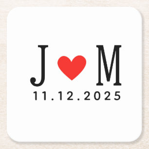 Customised wedding Couple Name Date Red Love Square Paper Coaster