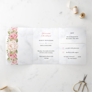 Customised Wedding Elegant Rose Flower Tri-Fold Invitation