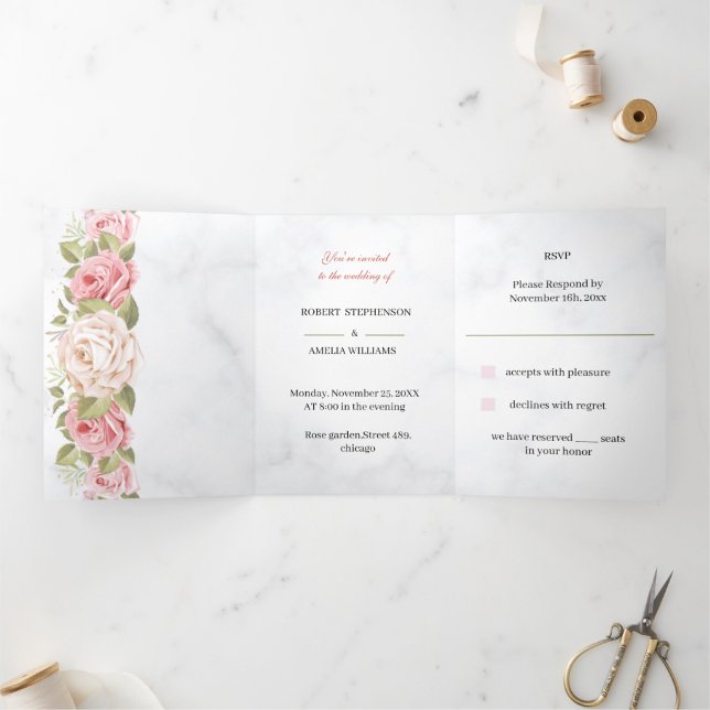 Customised Wedding Elegant Rose Flower Tri-Fold Invitation (Inside)