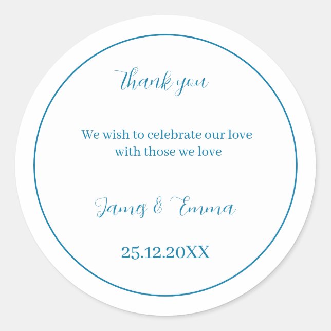Customised Wedding Simple Blue Classic Round Sticker (Front)