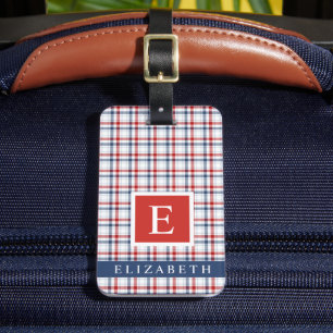 Customised White Blue Red Chequered Pattern Luggage Tag