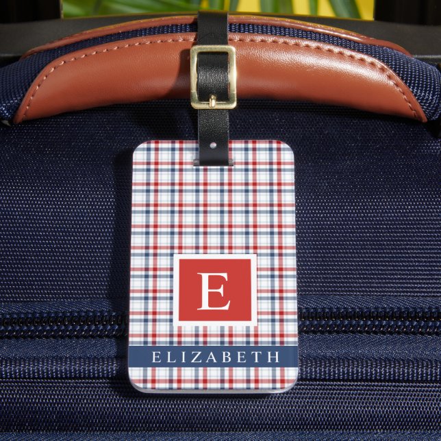Customised White Blue Red Chequered Pattern Luggage Tag (Front Insitu 2)