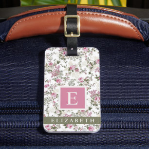 Customised White Floral Pink Green Rose Flowers Luggage Tag