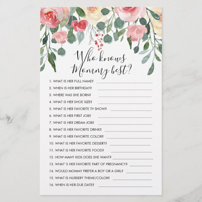 Customised Who knows Mummy Best? Baby Shower Game (Front)