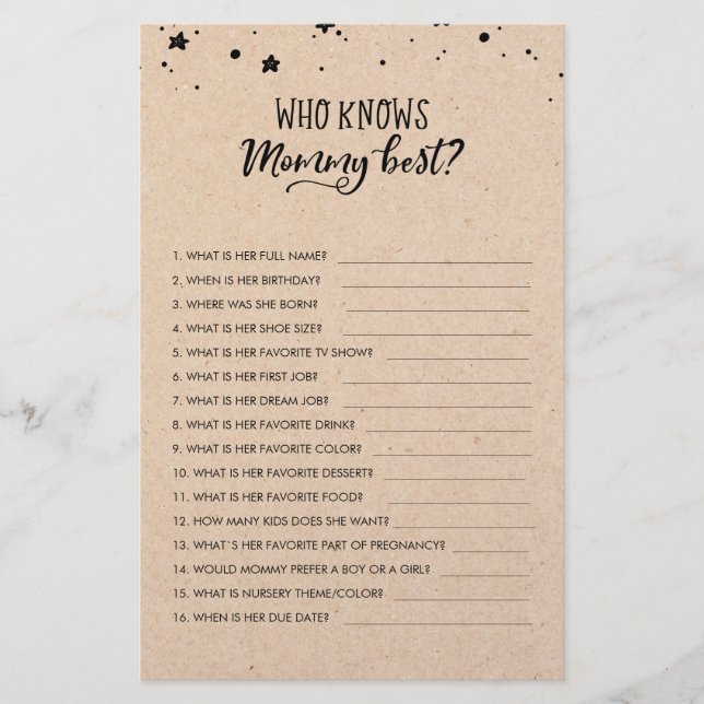Customised Who knows Mummy Best? Baby Shower Game (Front)