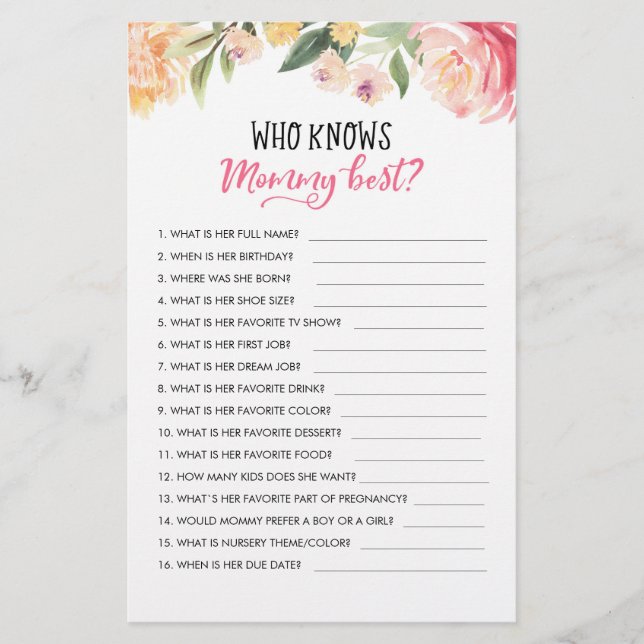 Customised Who knows Mummy Best? Baby Shower Game (Front)