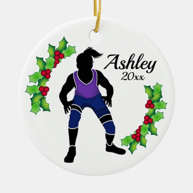 Customised Wrestling Xmas Purple & Blue Ceramic Tree Decoration (Front)