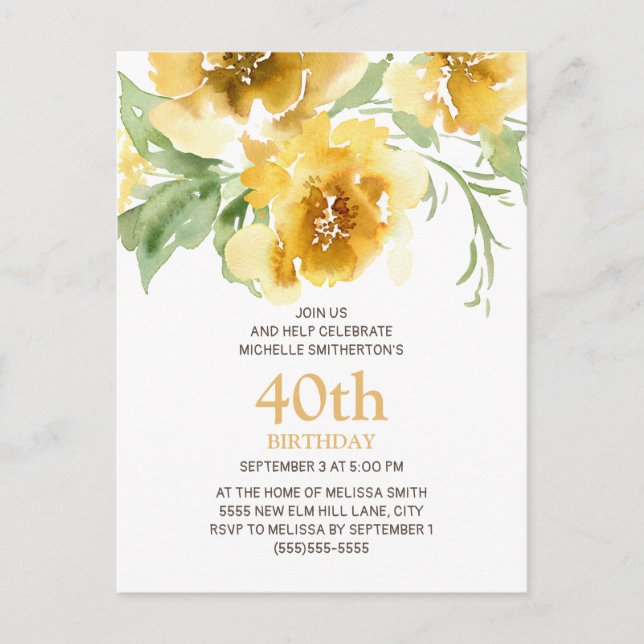 Customised Yellow Floral 40th Birthday Postcard (Front)