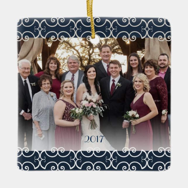 Customizable 2 Sided Navy Blue Elegant Scrolls Ceramic Ornament (Front)