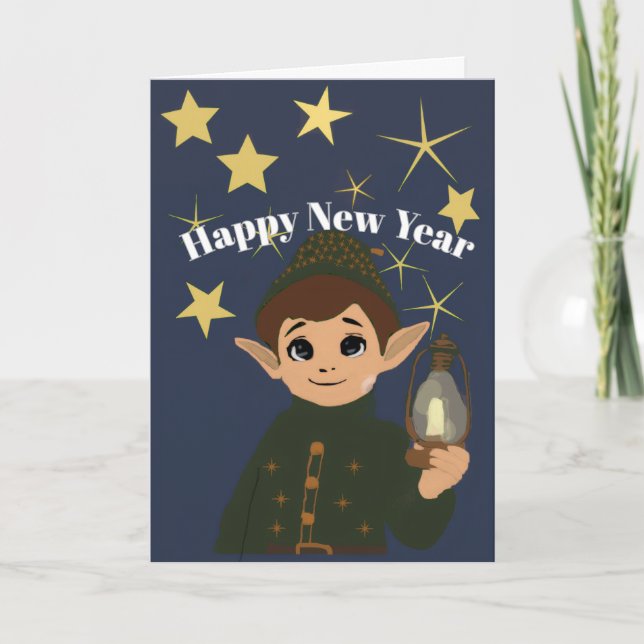 Customizable Adorable Elf and Snowflake Folded Car Card (Front)